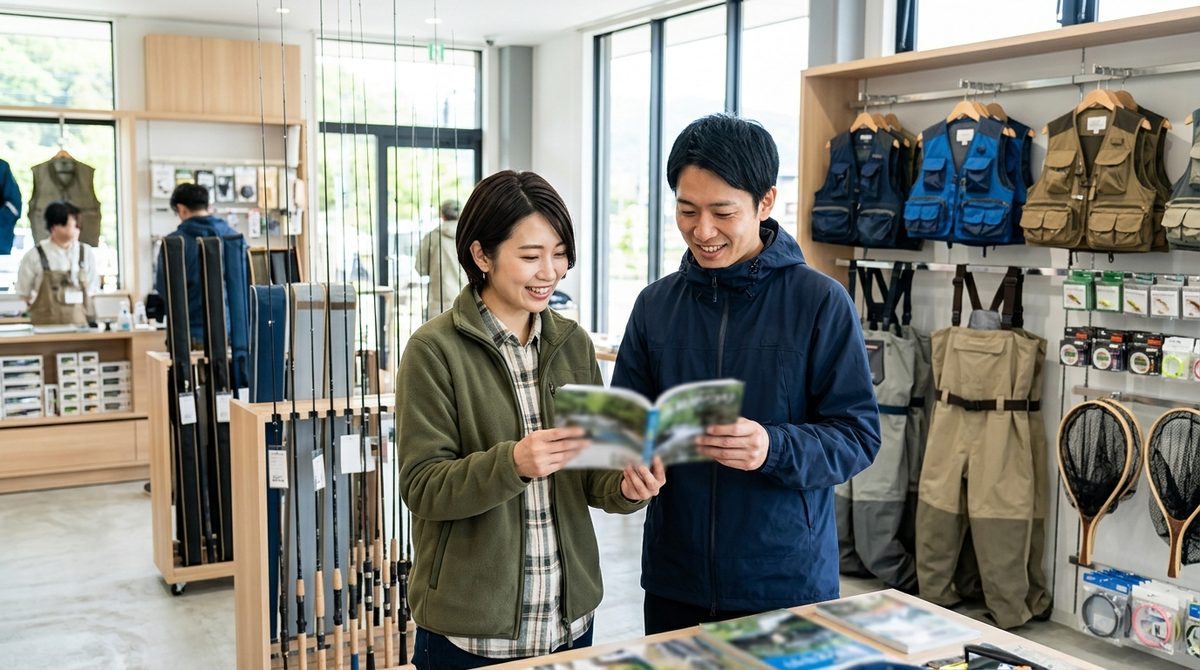 渓流釣りの道具を確認する初心者の写真