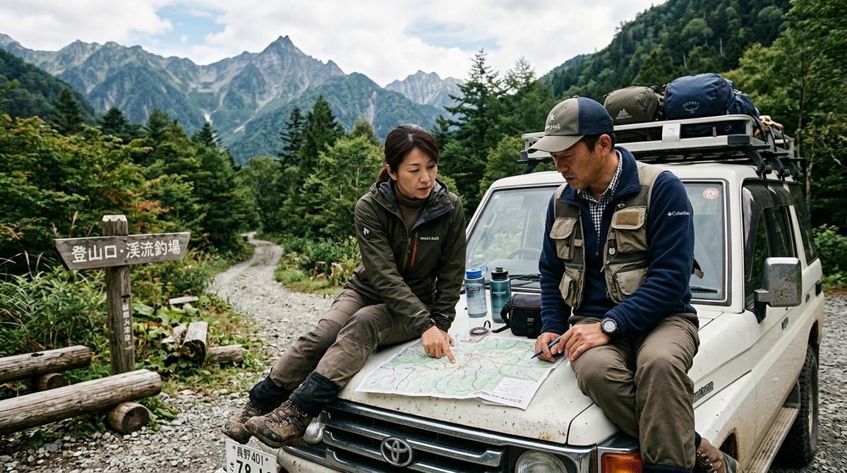 二人で地図やスマートフォンを見ながら、当日のルートを相談している様子。安全への配慮と計画性を促す。