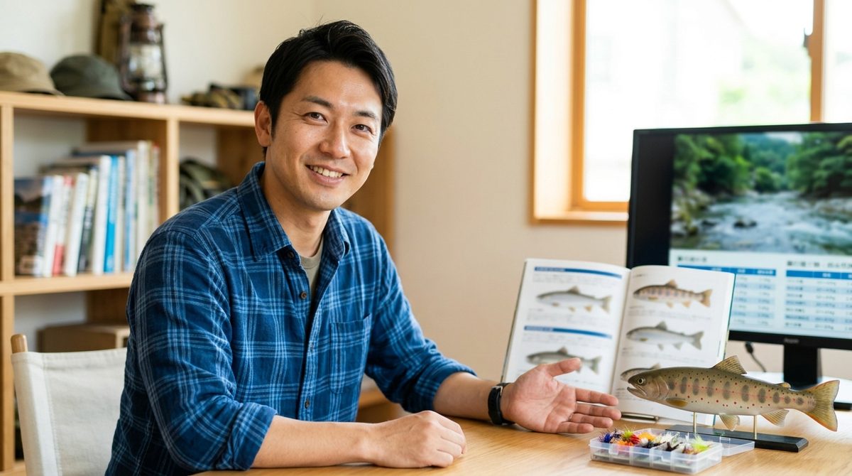 笑顔で渓流魚の模型と毛鉤を指し説明する男性