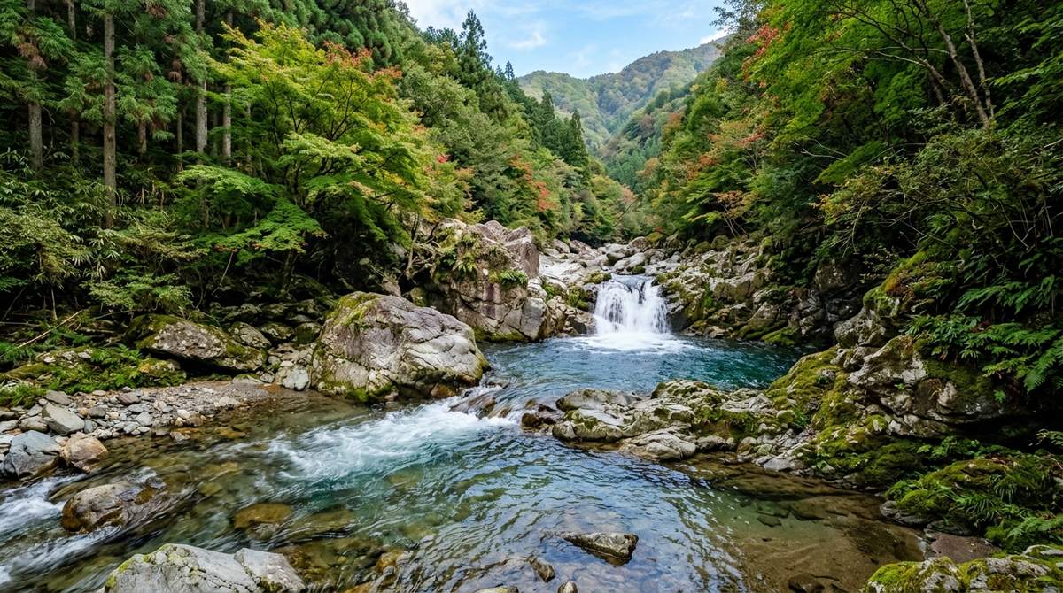 川の「瀬」や「淵」といった、魚が潜んでいそうなポイントが明確に分かる風景。どこを狙うべきかの判断を助ける。