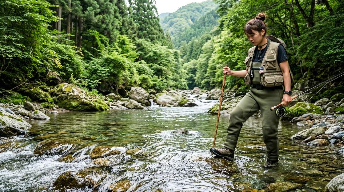 ウェーダー姿で杖と釣り竿を持ち渓流を歩く女性