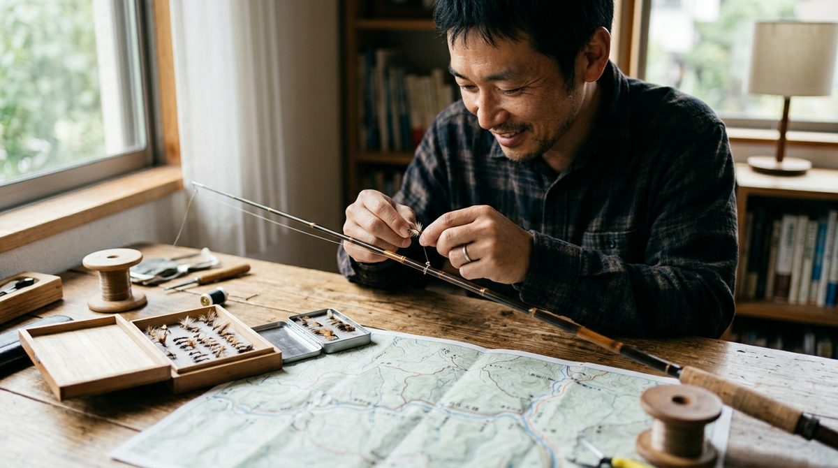 渓流釣りの道具を確認する初心者