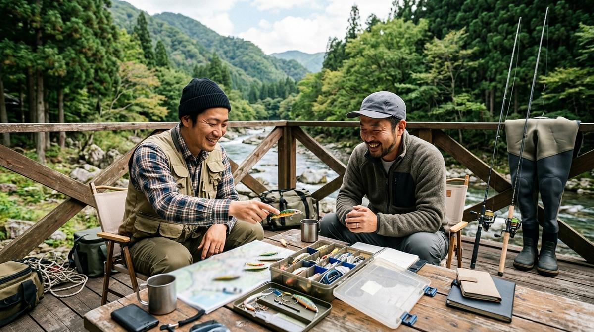 渓流釣りの道具を確認する初心者