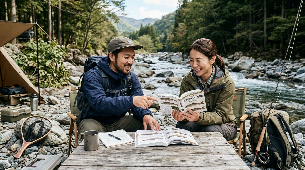 川沿いのキャンプで男女が魚図鑑を読み会話