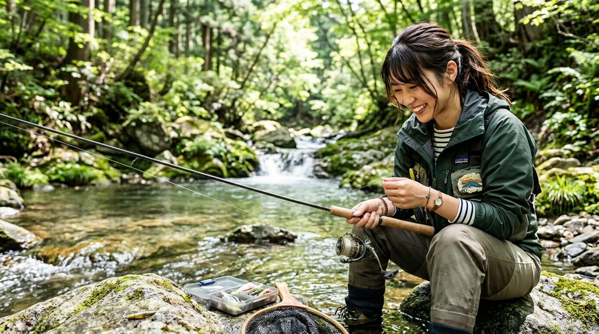 新緑の渓流で笑顔の女性がルアーを結びつける