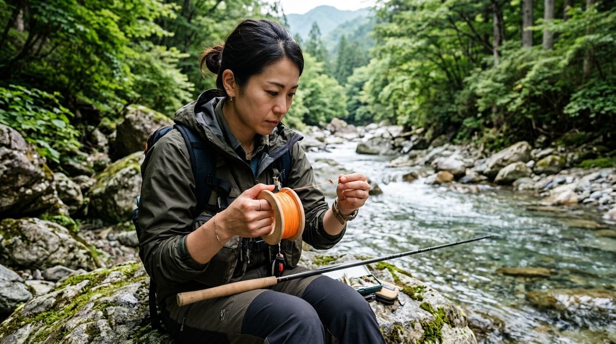 緑豊かな渓流で女性が毛ばり釣り仕掛けを整える