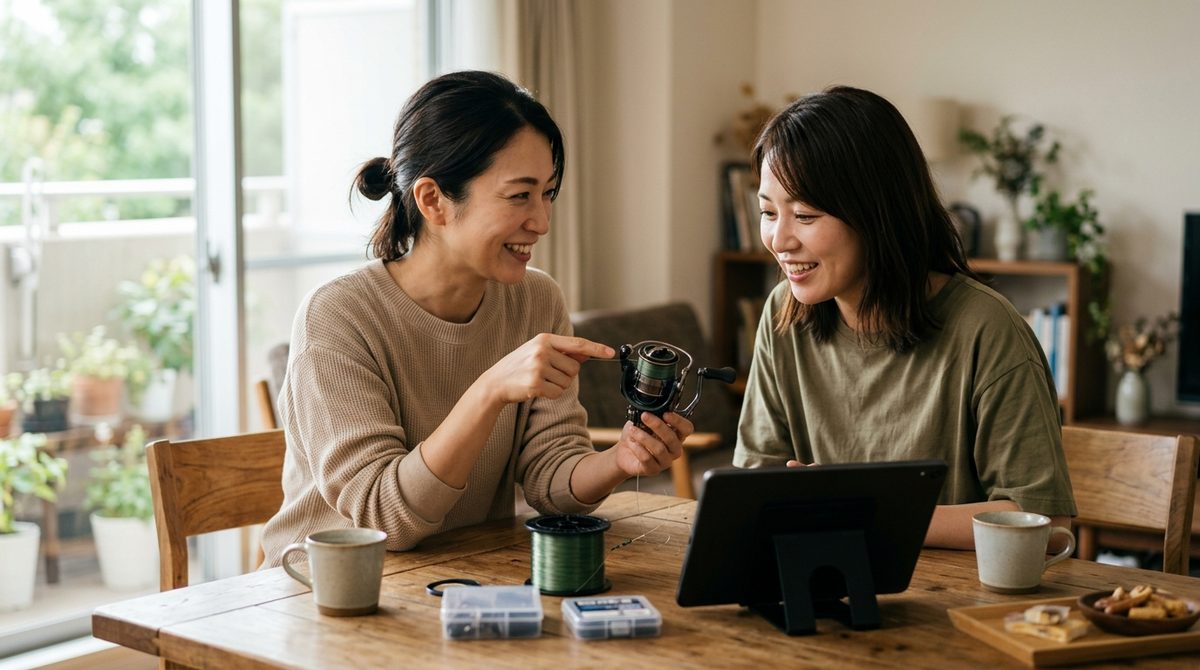 女性二人が釣り用リールを見ながらタブレットで釣り方を学ぶ
