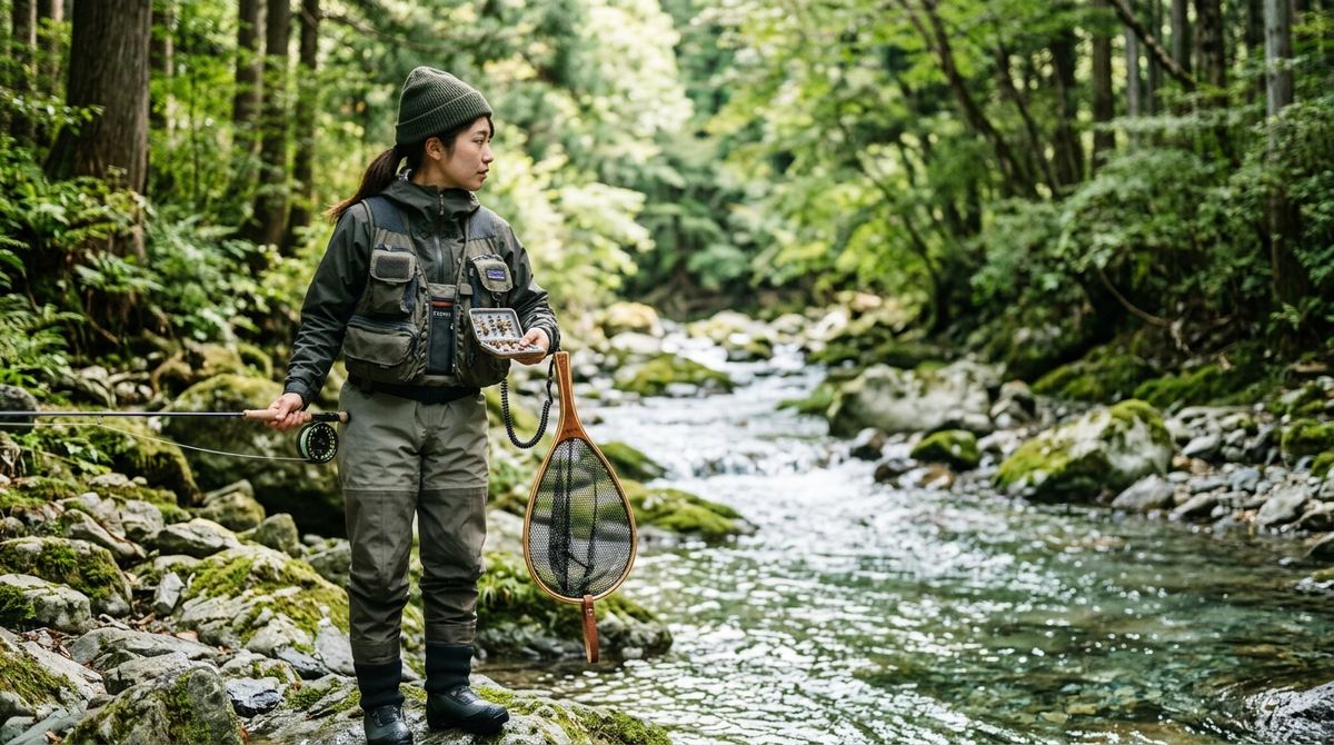 緑豊かな渓流で毛鉤を選ぶフライフィッシングの女性