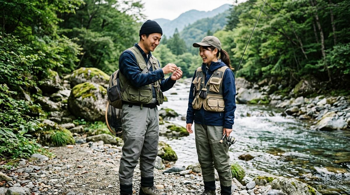 山間の渓流で男性が女性に釣り針を見せ笑顔