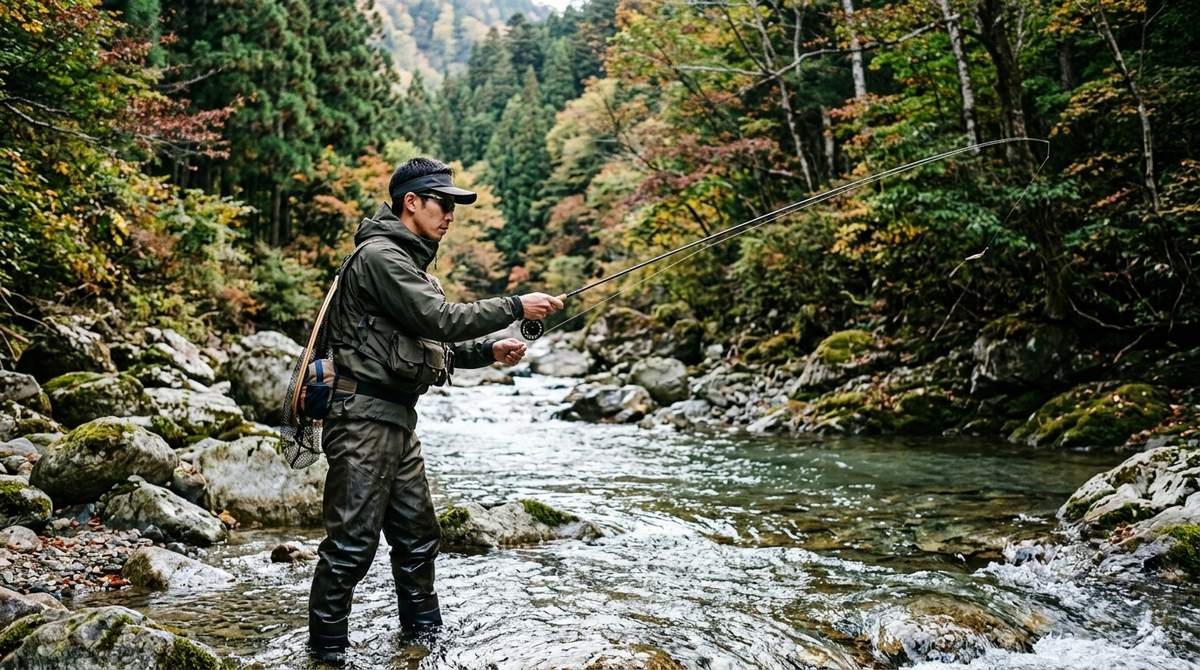 日本人の釣り人が竿を振る際、適切なフォームで構えている様子。初心者への具体的なイメージ提供。