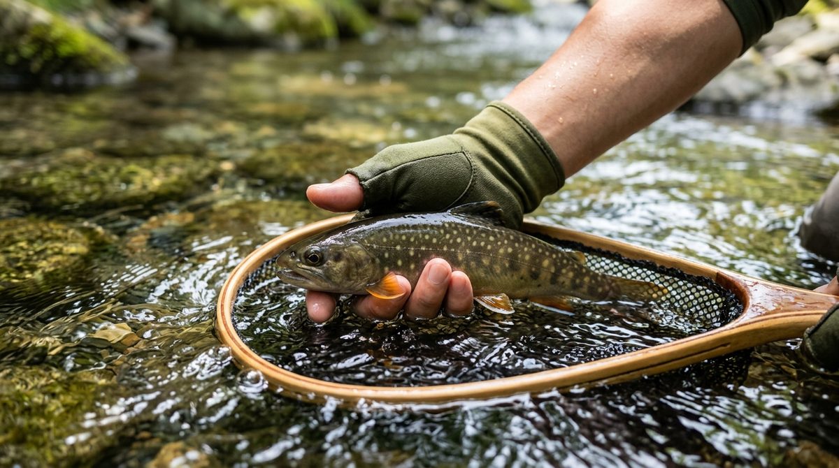 ネットの中の魚を水面近くで優しく扱っている様子。自然保護やマナーの重要性を視覚化。