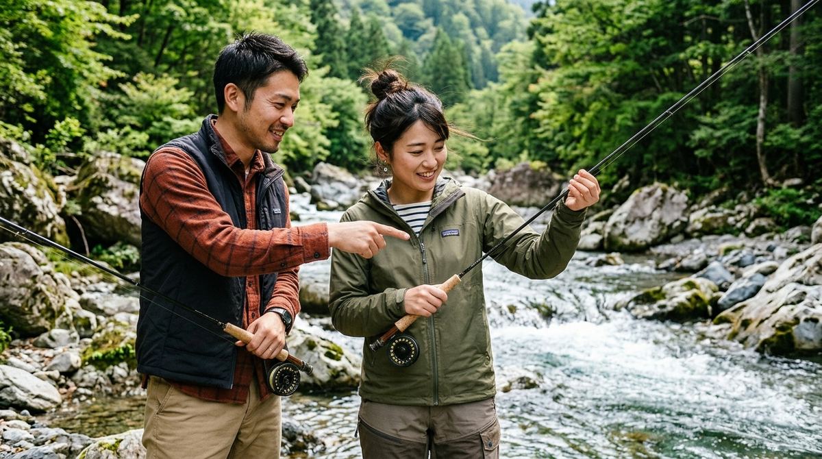 渓流で男性が女性にフライフィッシングを教えている