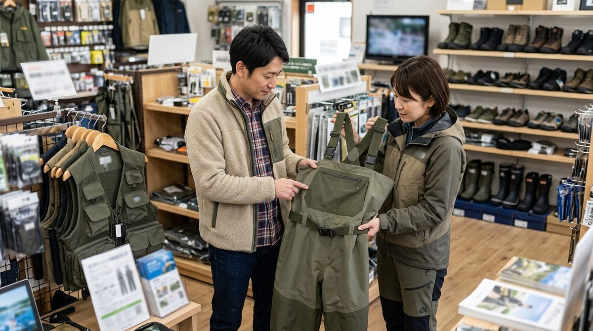 釣り具店で男性が女性にウェーダーを指して説明