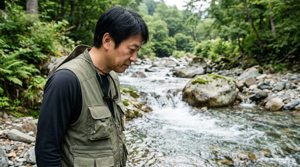 日本人の釣り人が少し離れた場所から川の様子を真剣に観察している姿。危険箇所の判断や、天候変化への警戒を象徴する。