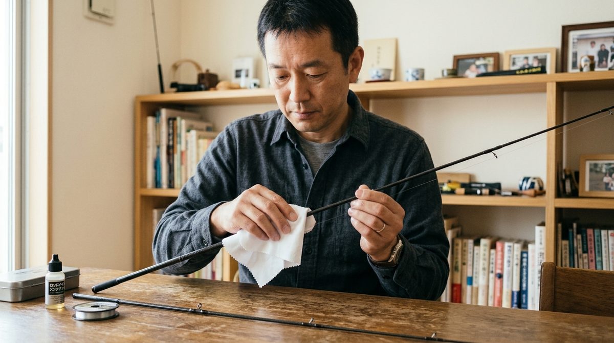 釣行後にロッドを柔らかい布で拭いている様子。道具を長く使うための予防策を提示。