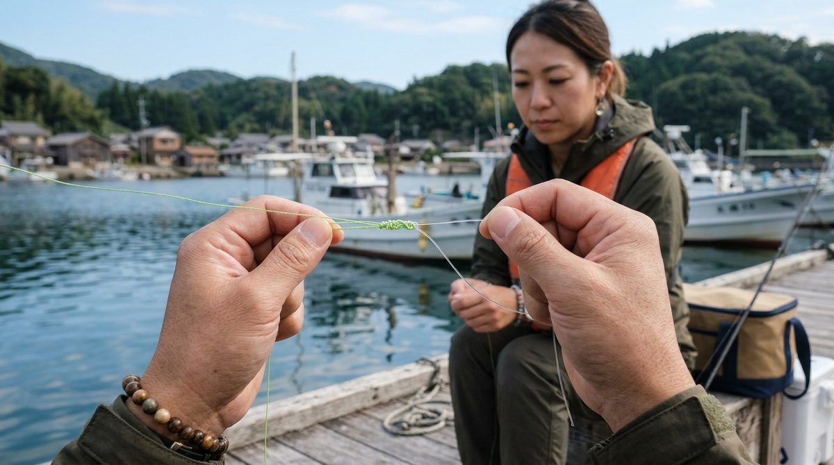 男性が釣り糸をFGノットで結び、女性が港で見つめる